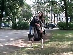Hot Russian brunette gets naked in public