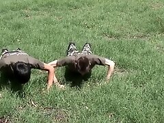 Gay twinks in military uniform fuck on the instruction field