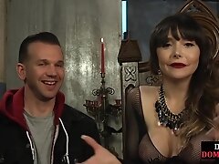 BDSM mature tattooed domina pegs sub asshole with strapon