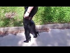 Linda in Black leather mini dress black thigh boots