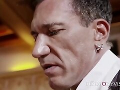 Busty babe, Nekane is squeezing her milk jugs while sucking a rock hard meat stick